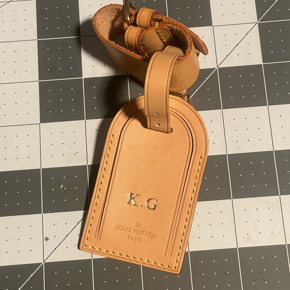 Louis Vuitton Tan Leather Luggage Tag with Gold Initials